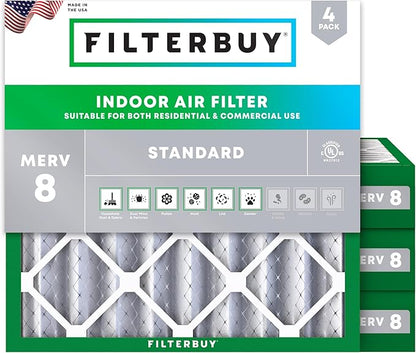 Filterbuy 25x25x4 Air Filter MERV 8 Essential Dust & Allergy Defense (4-Pack), Electrostatic Pleated HVAC AC Furnace Filters Replacement, Made in USA (Actual Size: 24.50 x 24.50 x 3.63)