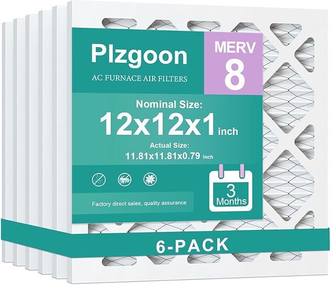 12x12x1 Air Filter MERV 8 (6 pack) MPR 600 Pleated AC Furnace Filters Replacement Compatible with Air Conditioner AC HVAC Furnace (Exact Dimensions: 11.81"L x 11.81"W x 0.79"Th)