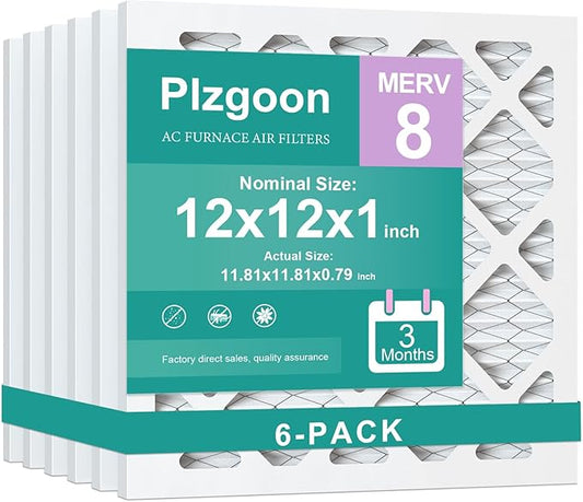12x12x1 Air Filter MERV 8 (6 pack) MPR 600 Pleated AC Furnace Filters Replacement Compatible with Air Conditioner AC HVAC Furnace (Exact Dimensions: 11.81"L x 11.81"W x 0.79"Th)