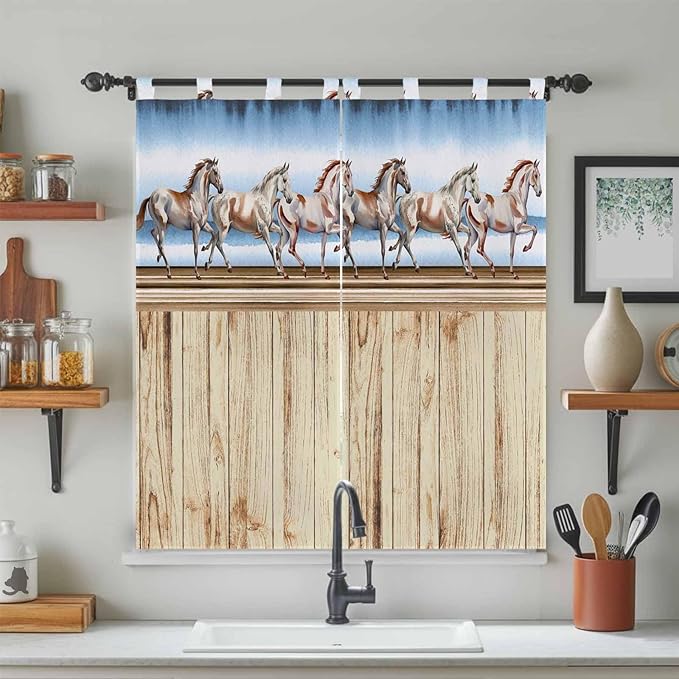 Western Horse Bathroom Curtains 63 Inch Length, Window Curtains Tab Top, Farmhouse Wooden Grain Vintage Cowboy Barn Door Light Filtering Window Treatments Drapes 52"x63" 2 Panel