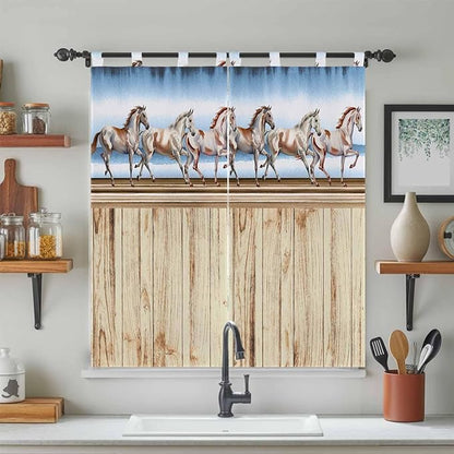 Western Horse Bathroom Curtains 63 Inch Length, Window Curtains Tab Top, Farmhouse Wooden Grain Vintage Cowboy Barn Door Light Filtering Window Treatments Drapes 52"x63" 2 Panel