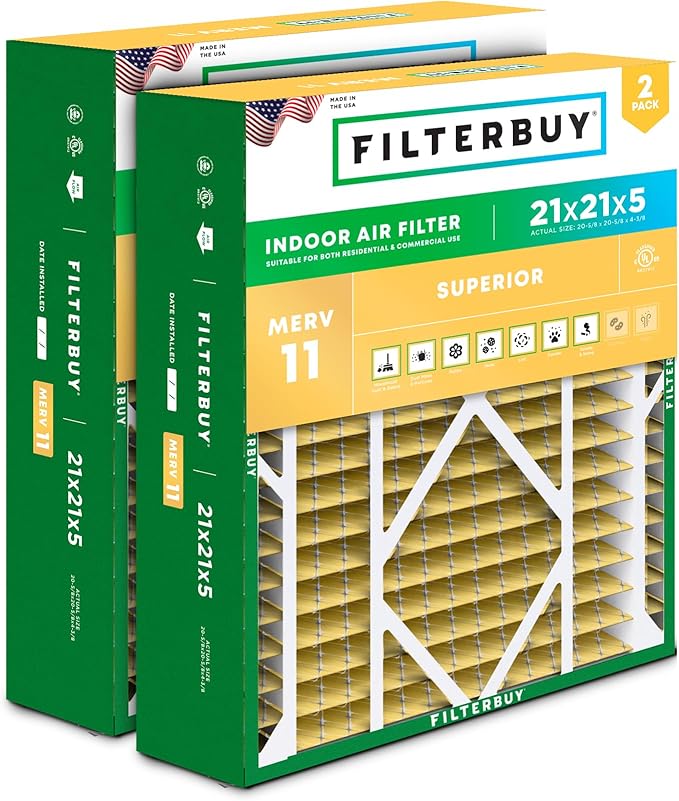 Filterbuy 21x21x5 Air Filter MERV 11 Superior Pet & Allergy Defense (2-Pack), Electrostatic Pleated HVAC AC Furnace Filters Replacement for Rheem, Ruud, & Protech (Actual Size: 20.63 x 20.63 x 4.38)