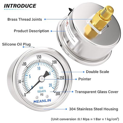 MEANLIN MEASURE 0~300Psi Dry Pressure Gauge Stainless Steel 1/8" NPT 2" FACE DIAL Waterproof for Air Compressor Air Regulator Water Filter Back Mount, with 1/4" NPT and 3/8" NPT Hex Bushing