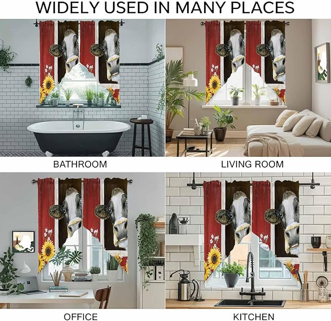 Cows Sunflowers Swag Valances for Windows, Rustic Farms Barns Flowers Bees Animals Rod Pocket Kitchen Curtains Valance, Kitchen Window Curtains Swag for Cafe Bathroom Living Room, 2 Panels, 36x45 inch