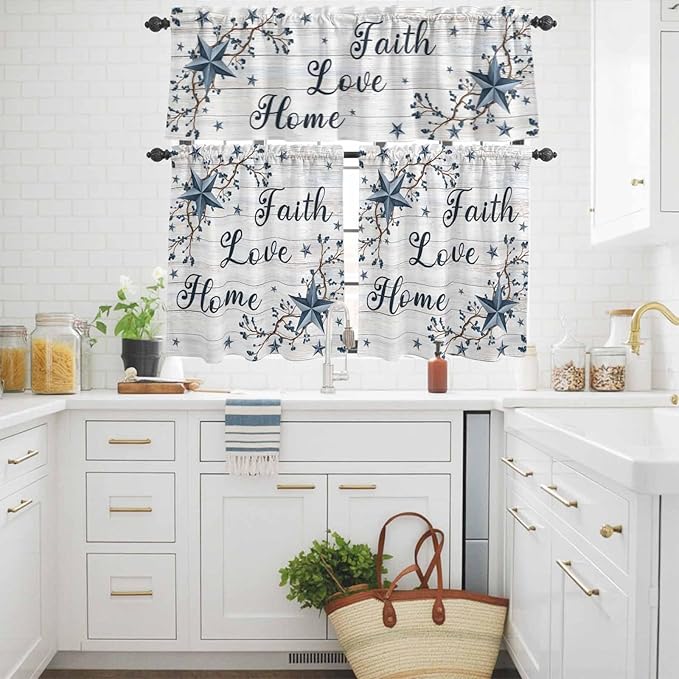 Farmhouse Kitchen Curtains Set 3 Piece for Windows,Rod Pocket Valance and Tier Set 36 Inch Length,Blue Country Texas Star Vintage Berries Wooden Light Filtering Cafe Curtains for Living Room