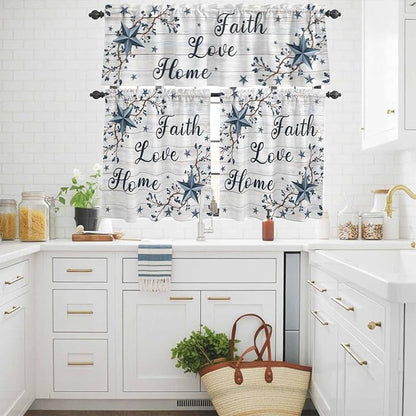 Farmhouse Kitchen Curtains Set 3 Piece for Windows,Rod Pocket Valance and Tier Set 36 Inch Length,Blue Country Texas Star Vintage Berries Wooden Light Filtering Cafe Curtains for Living Room