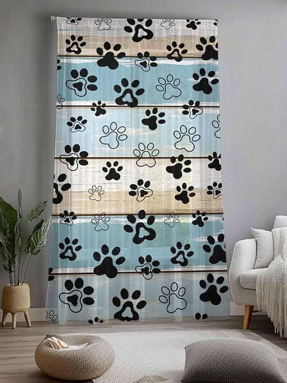 Sheer Curtains 108 Inches Long, Blue Beige Paw Print Semi Sheer Curtains Light Filtering Window Treatment, Vintage Farmhouse Country Wood Grain Privacy Voile Drapes for Living Room Bedroom 52x108 Inch