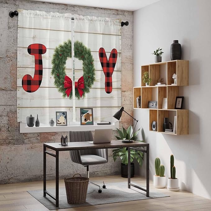 Christmas Wreaths Window Curtains 63 Inch Long 2 Panel Set, Rod Pocket Bedroom Curtains & Drapes, Winter Bow Plaid Farmhouse Wooden Grain Light Filtering Window Treatment for Living Room 42"W x 63"L