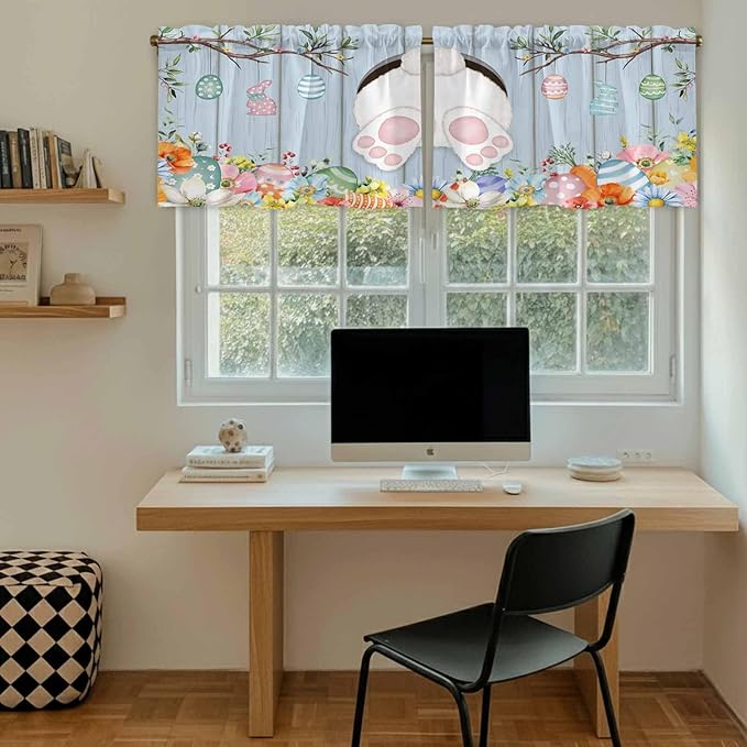 Easter Kitchen Tier Curtains 24 Inch Long 2 Panel Set,Rod Pocket Cafe Small Window Curtains Over Sink,Spring Watercolor Bunny Eggs Flower Wood Grain Blue Light Filtering Short Drapes 27.5"W x 24"L