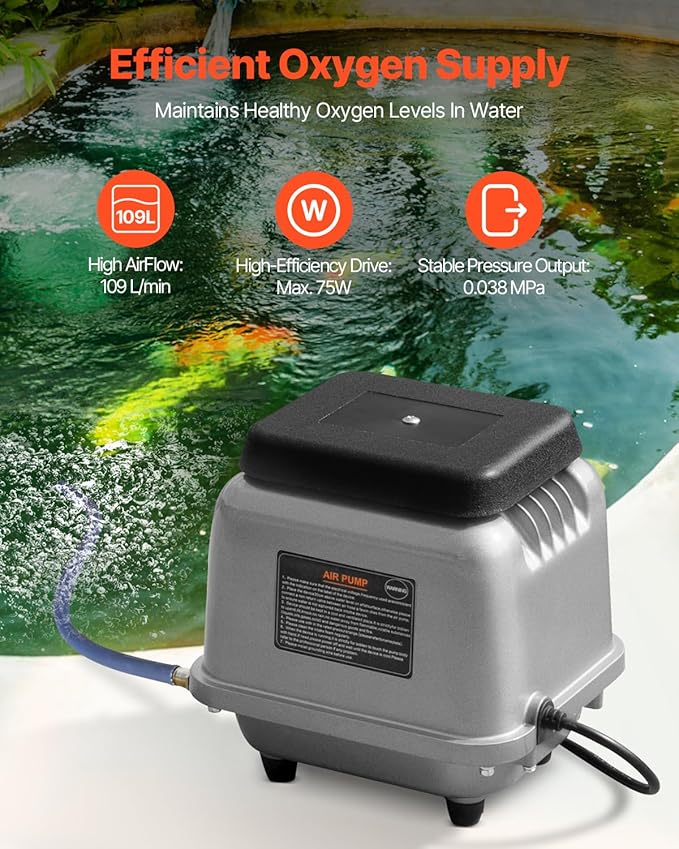 VEVOR Linear Air Pump, 109L/Min Air Flow Septic Aerator Pump, Oil-Free & Quiet Aeration System, for 1/2 Acre 10 FT Deep Ponds, Water Gardens, Waste Treatments, Aquarium, Seafood Restaurants, Fish Farm