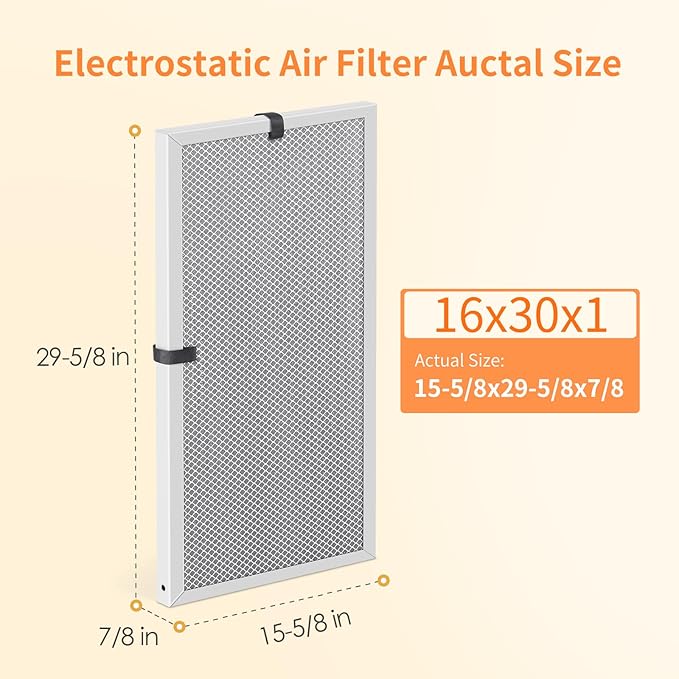 2-Pack 16x30x1 MERV 8 Reusable & Washable Electrostatic Air Filters - Long-Lasting Filter for HVAC, Furnace & Air Conditioner Units, Actual Size: 15-5/8” x 29-5/8” x 7/8”