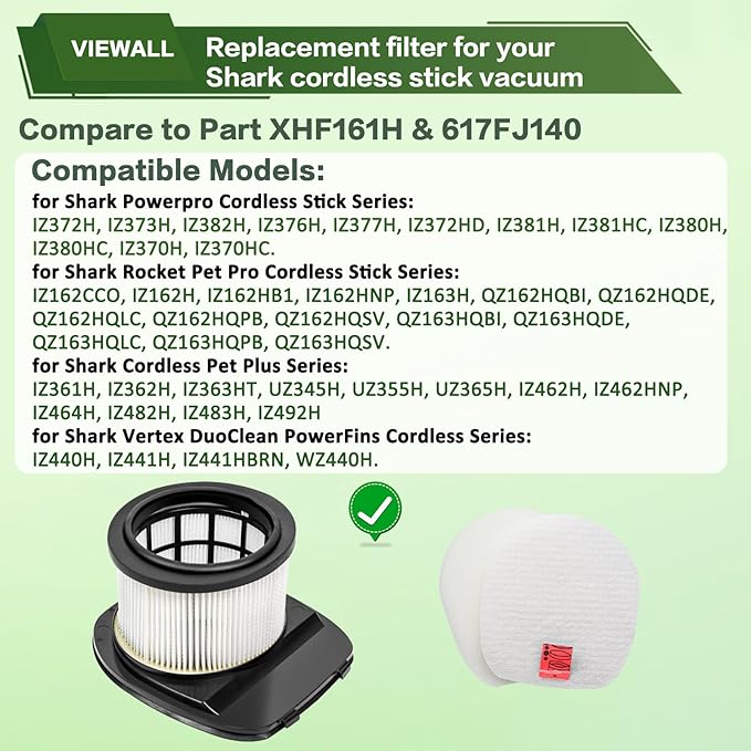 IZ377H IZ376H IZ362H Filter Replacement for Shark IZ363HT IZ382H IZ462H IZ387H IZ163H IZ483H IZ482H IZ162H IZ361H Pet Cordless Stick Vacuum, Part XHF161H & 617FJ140, 2 HEPA 4 Foam Felt Filter