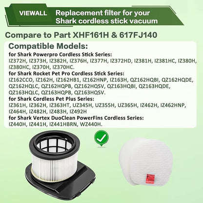 IZ377H IZ376H IZ362H Filter Replacement for Shark IZ363HT IZ382H IZ462H IZ387H IZ163H IZ483H IZ482H IZ162H IZ361H Pet Cordless Stick Vacuum, Part XHF161H & 617FJ140, 2 HEPA 4 Foam Felt Filter