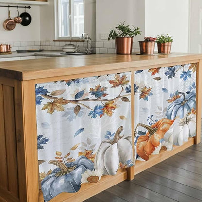 Fall Blue Maple Kitchen Tier Curtains 36 Inch Long 2 Panel Set,Rod Pocket Half Window Curtains Over Sink,Thanksgiving Pumpkins Daisy Country Leaves Short Drapes for Bathroom Cafe 27.5"W x 36"L