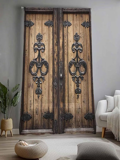 Sheer Curtains 108 Inches Long, Barn Door Semi Sheer Curtains Light Filtering Window Treatment, Farmhouse Wooden Grain Rustic Tribal Pattern Privacy Voile Drapes for Living Room Bedroom 52x108 Inch