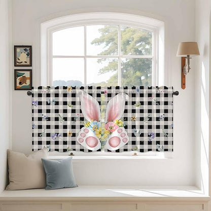 Easter Kitchen Tier Curtains 24 Inch Long 2 Panel Set,Rod Pocket Cafe Small Window Curtains Over Sink,Spring Rabbits Ears Feet Wildflowers Black Plaid Light Filtering Short Drapes 27.5"W x 24"L