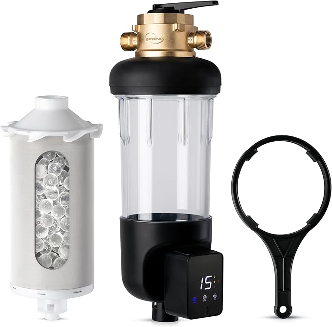 iSpring WSP100SL-ARJ-BP, NSF Certified, Whole House Spin Down Sediment Water Filter with 4 Modes Bypass, Include Siliphos Helps Prevent Scale, Clear Housing, Jumbo Size with Touch-Screen Auto Flushing