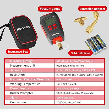 Digital Vacuum Gauge, HVAC Micron Vacuum Gauge Tester with 4 Units 7/16 inch-20 UNF, Digital Vacuum Micron Meter Set with Buzzer Alarm, 1/4 inch SAE Extension Connector Fitting