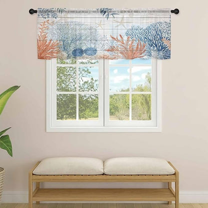 Ocean Corals Sheer Valance Curtains, Summer Beach Coral Sea Stars Wood Grain Light Filtering Kitchen Valances Rod Pocket Voile Curtain Window Treatment for Bedroom/Living Room/Basement 54Wx18L