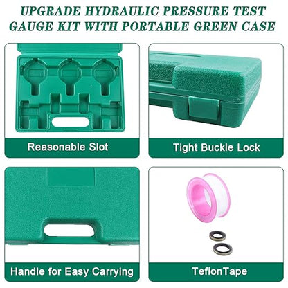 SINOCMP Hydraulic Pressure Test Kit, 3 Pressure Gauges 25Mpa/40Mpa/60Mpa 6 Test Couplings 3 Test Hoses 1 Storage Case Diagnosis Tester Gauge Set for Excavator Construction Machinery Upgraded Version