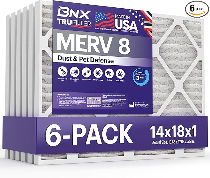 BNX TruFilter 14x18x1 Air Filter MERV 8 (6-Pack) - MADE IN USA – Dust & Pet Defense Electrostatic Pleated Air Conditioner HVAC AC Furnace Filters for Dust, Pet, Mold, Pollen MPR 600 – 700 & FPR 5