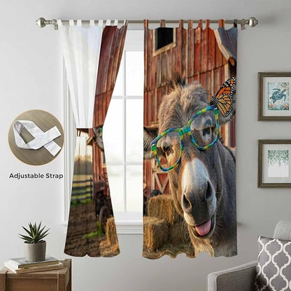 Farm Donkeys Living Room Curtains 84 Inch Length, Window Curtains Tab Top, Farmhouse Barn Funny Animals Butterfly Light Filtering Window Treatments Drapes 52"x84" 2 Panel