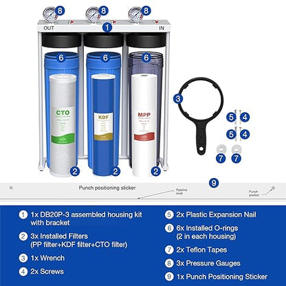 SimPure Whole House Water Filter System, 3 Stages Clear Home Water Pre-Filtration with Carbon Sediment and KDF Filters, Reduce Iron, Chlorine, Manganese...(DB20P-3KDF)