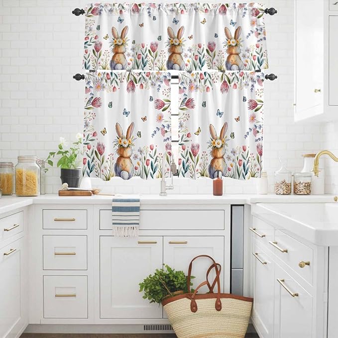 Kitchen Curtains Tiers and Valance Set of 3, Easter Light Filtering Window Curtain Set, Spring Flowers Wreath Rabbit Budding Florals Rod Pocket Curtain Drapes for Cafe, Living Room, 36 Inches Tiers