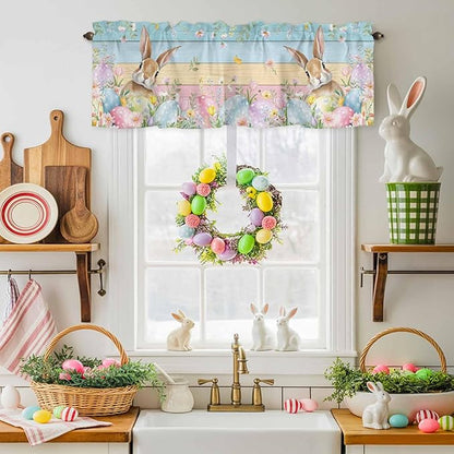 Kitchen Valances for Window, Spring Easter Eggs Rabbit Flower Light Filtering Rod Pocket Valance Curtain, Plant Colorful Wood Grain Short Curtains Window Topper for Bedroom Living Room 42x12in
