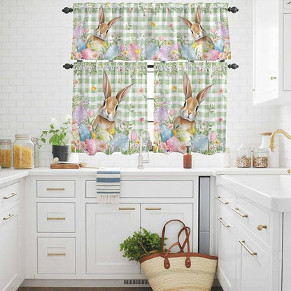 Kitchen Curtains Tiers and Valance Set of 3, Easter Light Filtering Window Curtain Set, Spring Bunny Colorful Eggs Floral Leaves Grey Plaid Rod Pocket Curtain Drapes for Living Room, 24 Inches Tiers