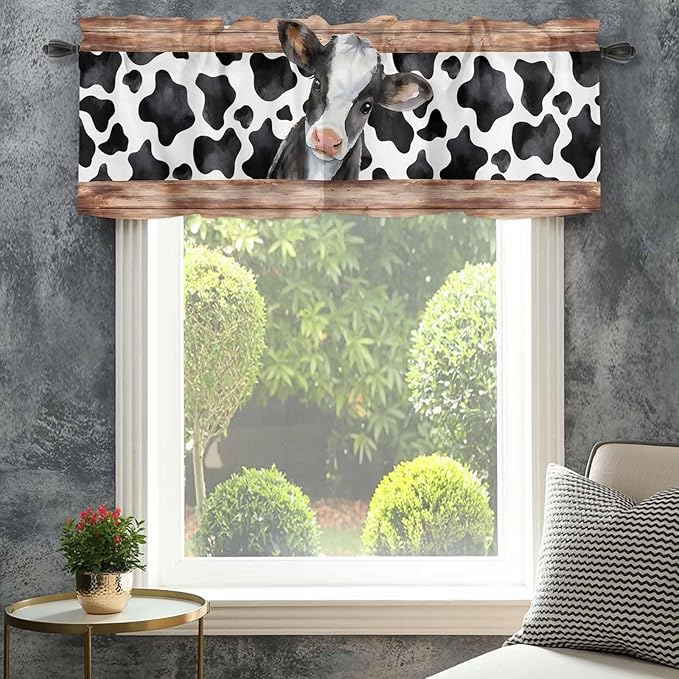 Cow Printed Curtain Valances for Windows, Kitchen Valance Window Treatment, Farmhouse Watercolor Country Wooden Grain Light Filtering Block Curtains for Bathroom/Bedroom/Living Room 54'' x 18''