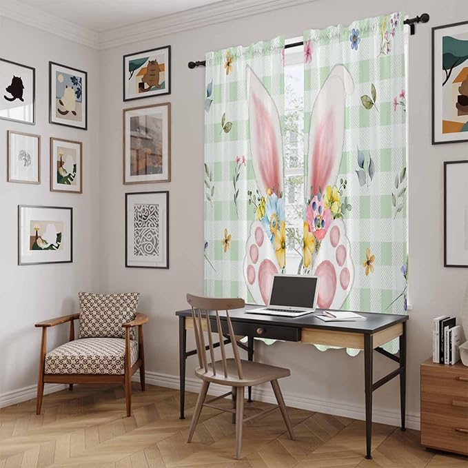 Easter Window Curtains 72 Inch Long 2 Panel Set, Rod Pocket Long Curtains & Drapes, Spring Bunny Ears Feet Flowers Green Plaid Light Filtering Window Treatment for Bedroom Living Room 52"W x 72"L