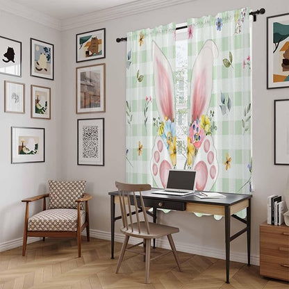 Easter Window Curtains 72 Inch Long 2 Panel Set, Rod Pocket Long Curtains & Drapes, Spring Bunny Ears Feet Flowers Green Plaid Light Filtering Window Treatment for Bedroom Living Room 52"W x 72"L