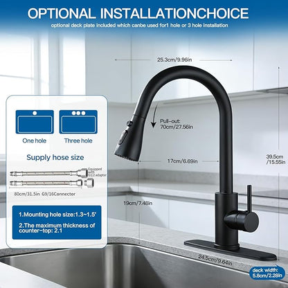 Kitchen Sink Faucet with Pull - Down Sprayer, 2 - Handle 3 - in - 1 Kitchen Sink Filter Faucet, Cold and Hot Mixer Drinking Water Faucet (Classic, Black-2)