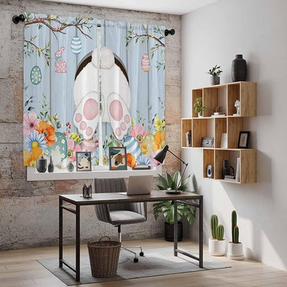 Easter Window Curtains 63 Inch Long 2 Panel Set, Rod Pocket Bedroom Curtains & Drapes, Spring Watercolor Bunny Eggs Flower Wood Grain Blue Light Filtering Window Treatment for Living Room 42"W x 63"L