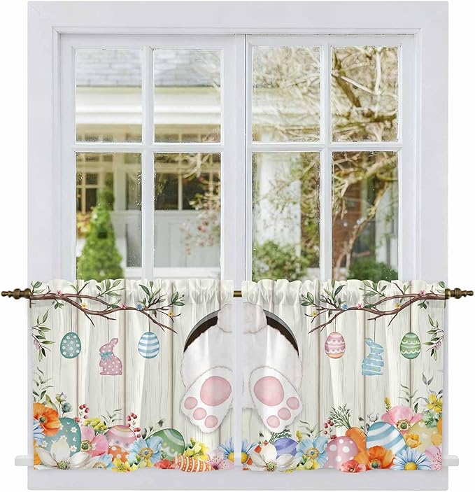 Easter Kitchen Tier Curtains 24 Inch Long 2 Panel Set,Rod Pocket Cafe Small Window Curtains Over Sink,Spring Farmhouse Watercolor Bunny Eggs Wood Grain Light Filtering Short Drapes 27.5"W x 24"L