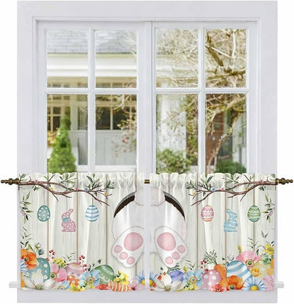 Easter Kitchen Tier Curtains 24 Inch Long 2 Panel Set,Rod Pocket Cafe Small Window Curtains Over Sink,Spring Farmhouse Watercolor Bunny Eggs Wood Grain Light Filtering Short Drapes 27.5"W x 24"L