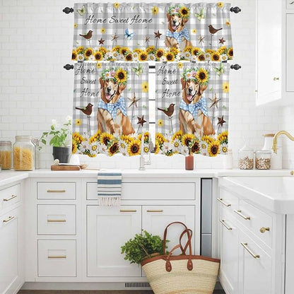 Kitchen Curtains Tiers and Valance Set of 3, Sunflowers Dog Light Filtering Window Curtain Set, Spring Watercolor Floral Stars Grey Plaid Rod Pocket Curtain Drapes for Living Room, 36 Inches Tiers