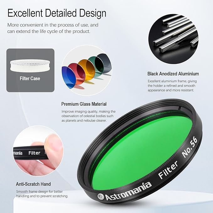 Astromania Telescope Filter 2 Inch - #56 Green, Planetary Filter for Astronomy Telescope & Eyepiece, Telescope Color Filter for Enhancing Contrast in Lunar Planetary Observation