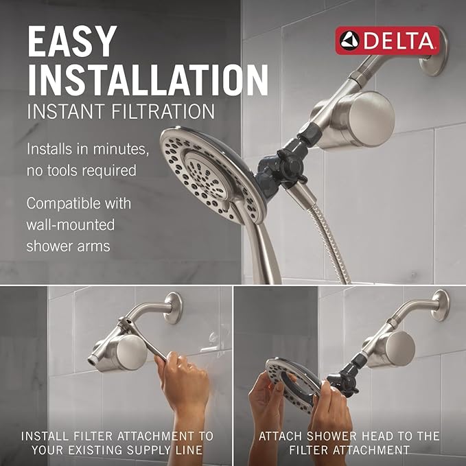 Delta 4-Setting In2ition 2-in-1 Dual Shower Head with Clarifi Standard Shower Filter Attachment, Brushed Nickel Shower Head with Filter, SpotShield Brushed Nickel 7SF110BSN