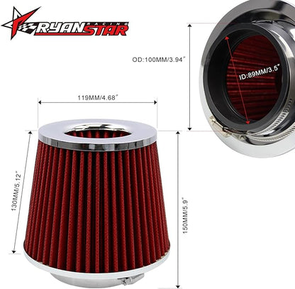 RYANSTAR RACING 89mm 3.5" High Flow Round Tapered Cone Cool Air Filter Cleaner with Top Filter Design Short 150mm tall