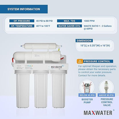 Max Water 5 Stage 100 GPD (Gallon Per Day) RO (Reverse Osmosis) Standard Water Filtration System for Heavy Duty - Under-Sink/Wall Mount - Model: RO-5W3