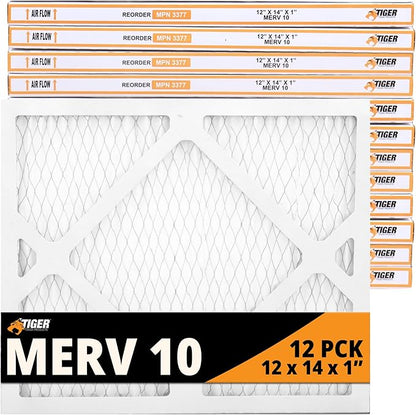 Tiger Tough MERV 10 Air Filters, 12x14x1 – MPR 1000 Pleated HVAC AC Furnace Filter Replacement for Home, Pack of 12
