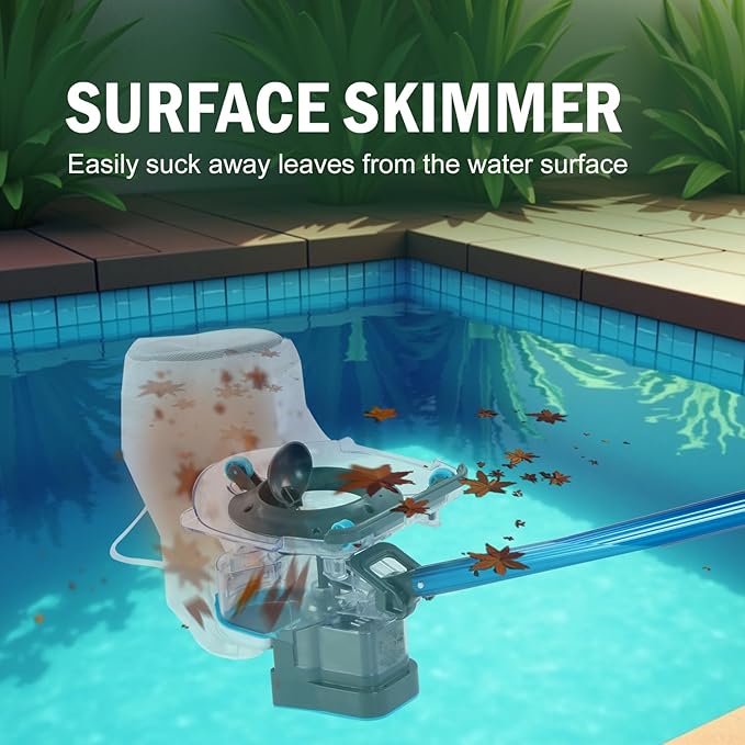 Cordless Rechargeable Pool Leaf Vacuum, Ultra Strong Suction, 3 in 1 Cleaning Solution – Deep, Shallow & Surface Skimmer, for Above Ground Pools & In Ground Pools