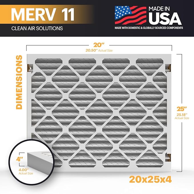 BNX TruFilter 20x25x4 Air Filter MERV 11 (20.50’’ x 25.18’’ x 4.00‘’ (Compatible with Aprilaire 210) (2-Pack) MADE IN USA Furnace Filters HVAC AC Furnace Filters for Allergy Dust, Pet, MPR 1200 FPR 7