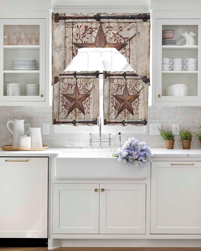 Country Star Swag Kitchen Curtains Valance and Tier Set, VintageRust Yellow Star Berry Beige Barn Gate Light-Filtering Swag Valance 36 Inch Length, Rod Pocket Short Curtain for Bedroom Cafe
