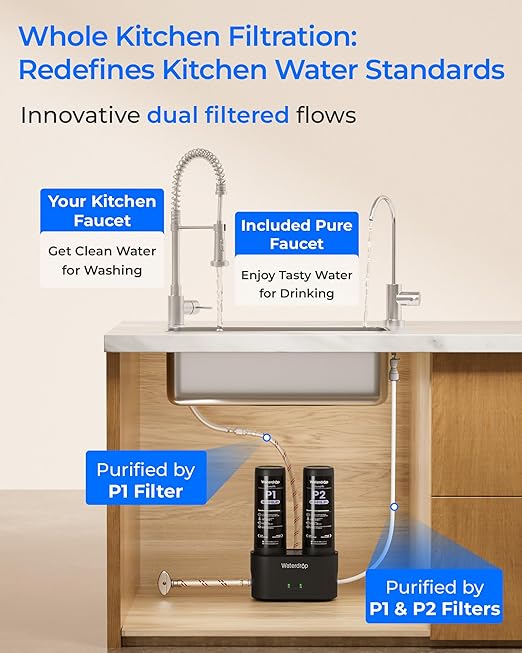 Waterdrop DLG-P Under Sink Water Filter System, Reduces PFAS Chlorine Chloramine Fluoride Odor, 2 Stage Under Sink Water Filtration System with Dedicated Faucet, 2-Outlet Filter, Life Indicator