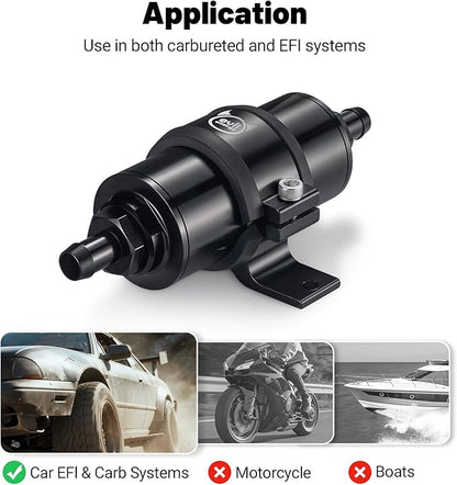 EVIL ENERGY Inline Fuel Filter 30 Micron with Barb 1/2", 3/8", 5/16" Fitting Adapter, Bracket Clamp 60MM Universal Aluminum Black for Gasoline, Diesel, Rubber Fuel Line