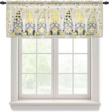 Rustic Lemon Gnomes Sheer Valance Curtains, Summer Fruit Leaves Retro Linen Texture Light Filtering Kitchen Valances Rod Pocket Voile Curtain Window Treatment for Bedroom/Living Room/Basement 42Wx12L
