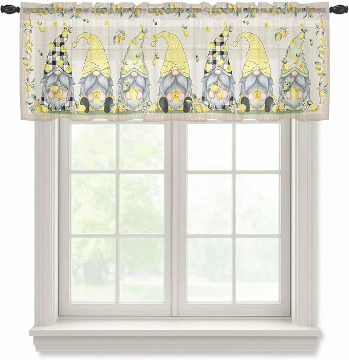 Rustic Lemon Gnomes Sheer Valance Curtains, Summer Fruit Leaves Retro Linen Texture Light Filtering Kitchen Valances Rod Pocket Voile Curtain Window Treatment for Bedroom/Living Room/Basement 42Wx18L